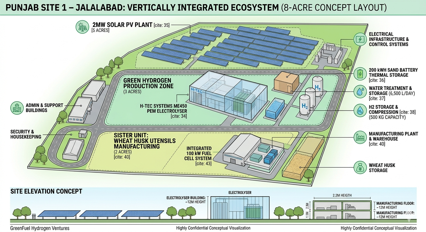 Punjab Site 1, Jalalabad: 8-acre vertically integrated concept layout with solar field, hydrogen production zone and wheat-husk utensils sister unit, with site elevation concept.